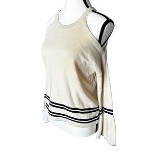 Knitted & Knotted Cold Shoulder Sweater XS Cream Black Stripe Bell Sleeve Boho